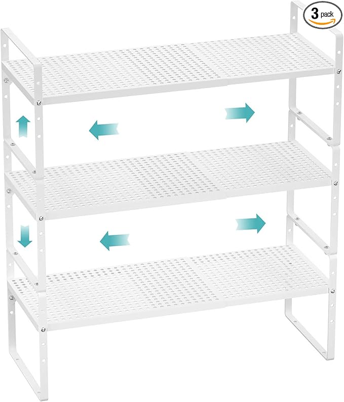 Cabinet Organizer Shelves,3 Pack of Expandable Spice Racks,Space Saving Storage Shelves for Kitchen,Pantry,Bathroom, Bedroom, Under Sink,Office,Table Surfaces & Counter,White Modern Style