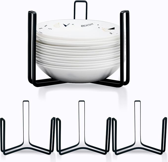 Dinnerware Bowl Plate Holder Fit for 6.5 Inches Diameters Bowl, Metal Bowl Storage Dying Display Rack for Kitchen Drawer, Countertop, Cabinet, Shelf, Cupboard (Black, Large 4PCS)