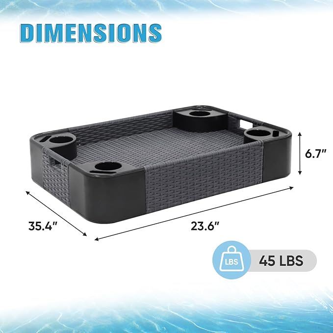 COOS BAY 35''x24'' Rectangular Floating Drink Holder for Pool and Hot Hub, Large Floating Serving Tray with Handles, Wicker Floating Pool Tray for Food and Drinks, Gray
