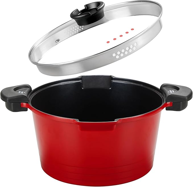 ACTIV CUISINE 5.0qt Pasta Pot with Strainer Lid, Cast Aluminum Stockpot Multipot, Nonstick Ceramic Coating make Cleanup easy with Tempered Glass Lid, Dishwasher Safe, Induction, Red