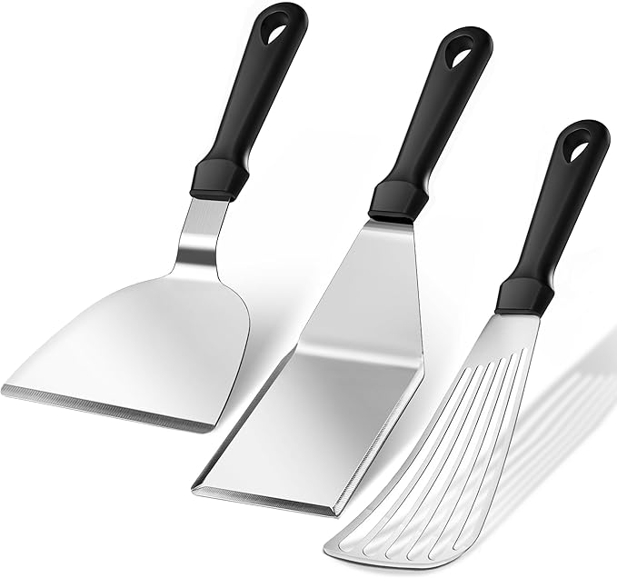 Metal Spatula Set, 18/0 Stainless Steel Spatulas & 18/8 SS Flexible Fish Spatula, Brushed Kitchen Utensil for Cast Iron Skillet, Frying Griddle Pancake Steak Meat Egg, Pack of 3