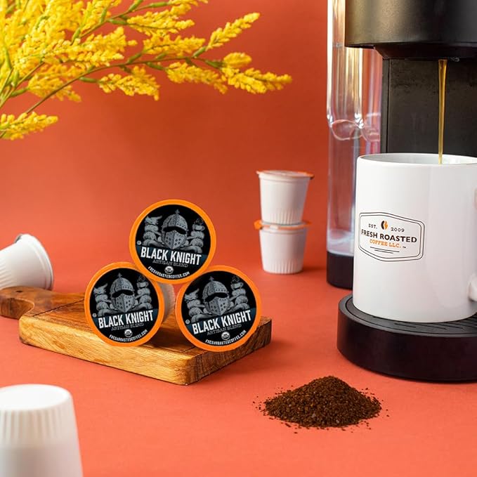 Fresh Roasted Coffee, Organic Black Knight | USDA Organic, Kosher | Dark Roast 24 Pods for K Cup Brewers
