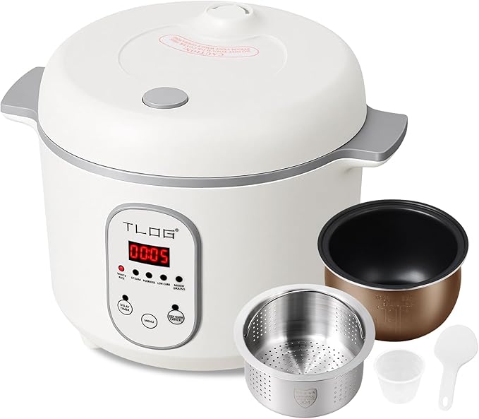 TLOG Low Carb Rice Cooker 2L(9 Cups Cooked), Low Sugar Healthy Rice Maker with 304 Stainless Steel Steamer Basket, 5 Cooking Presets, 24H Timer & Keep Warm Function