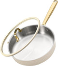 CAROTE 10" Stainless Steel Frying Pan with Lid, Outer Ceramic Layer, Non-Toxic, Even Heating，Oven Safe, Induction, Ceramic and Gas Cooktops Compatible, White