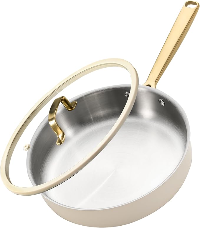 CAROTE 10" Stainless Steel Frying Pan with Lid, Outer Ceramic Layer, Non-Toxic, Even Heating，Oven Safe, Induction, Ceramic and Gas Cooktops Compatible, White