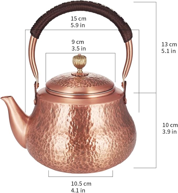 Handmade Copper Tea Kettle for Stove Top, Hammered Solid Pure Copper Teapot Made for Gasstove, 1200ml (Type-B)