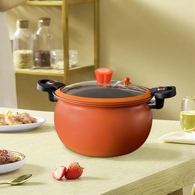 Non-stick Pressure Cooker for Home Cooking, 6-Quart Stainless Steel Stew Pot with Lid, Fast Cooking Soup and Stew Cooker, Multi-functional Easy Clean Kitchen Pot(Orange)
