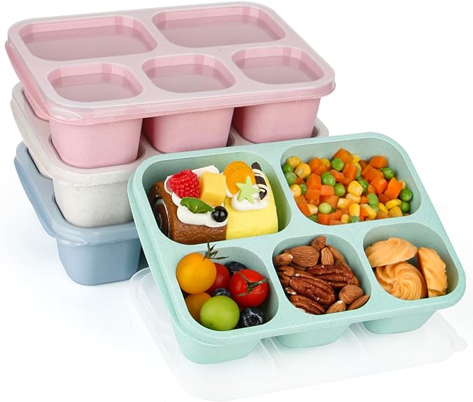 Bento Lunch Boxes - Reusable 5-Compartment Food Lunchables Containers, Snack Boxes For Adults Container for School, Work, and Travel, Set of 4 (Wheat)