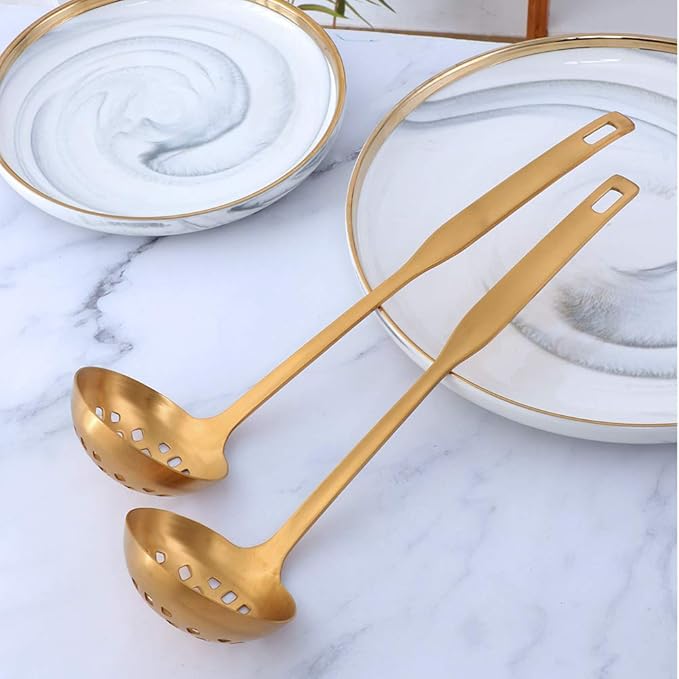 Buyer Star 2 Pcs Soup Ladle Colander, Gold Cookware Serving Long Handle Steel Slotted Spoon Cooking Utensil Set for Hotpot