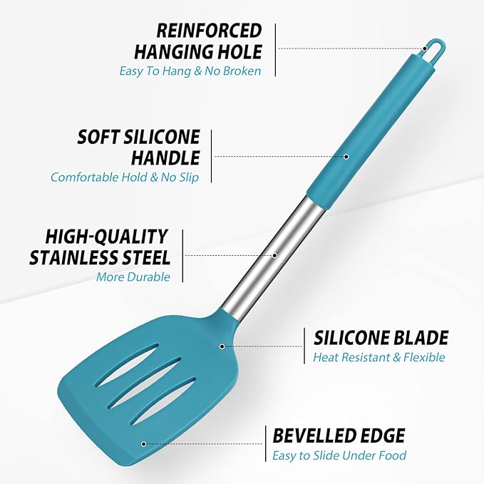 Pack of 4 Large Silicone Cooking Spatulas and Spoons, Slotted and Solid Stainless Steel Cooking Utensils Set, Non-stick Heat Resistant Kitchen for Baking, Fried, Stir-Fry, Mixing, Serving (Blue)