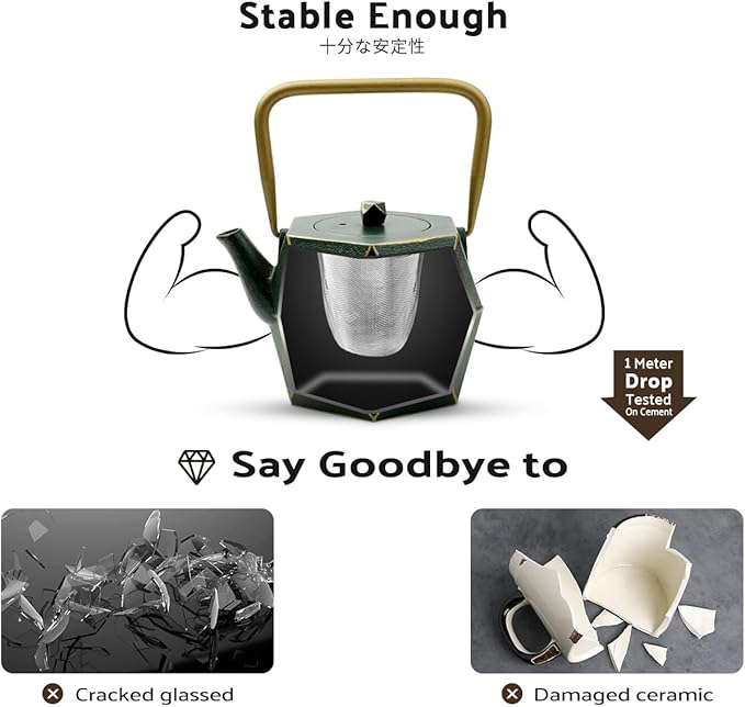Toptier Cast Iron Teapot, Stovetop Safe Japanese Cast Iron Tea Kettle, Diamond Design Tea Pot with Removable Infuser for Loose Tea, 54 Ounce (1600 ml), Dark Green