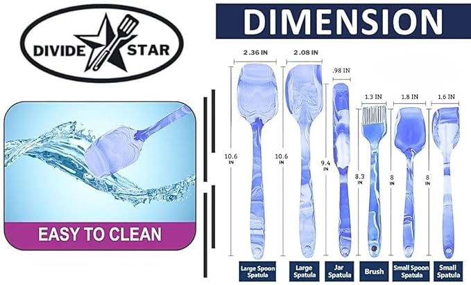 Premium Silicone Marbled Spatula Set of 6 – 446°F Heat-Resistant One-Piece Steel Core, Non-Stick Kitchen Tools for Baking, Cooking & Mixing – Dishwasher Safe (Blue)