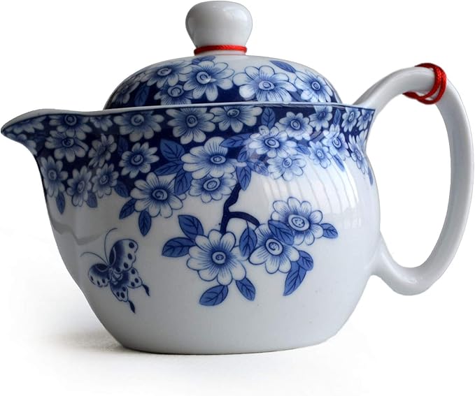 Small Teapot 12oz Blue White Porcelain Tea Pot with Stainless Filter Infuser for Loose Tea (pot flowers Beautify)