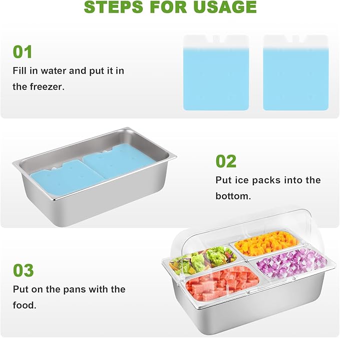 Cold Food Buffet Server 4 Pans×2.7QT with Ice Packs for Salad Pizza Sauce Colded Serving Trays Condiments Containers for Parties Buffet
