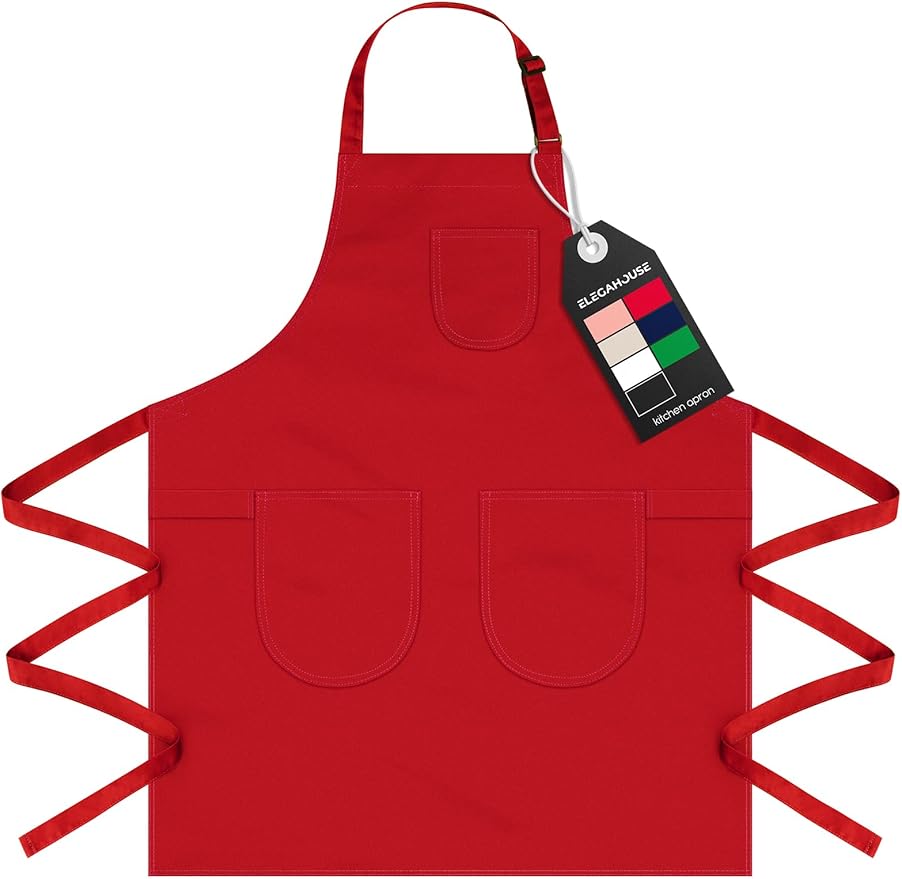 Unisex Apron with Pockets for Cooking, Salon & Art - 100% Cotton Adult Kitchen, Chef, Stylist Apron (Red)