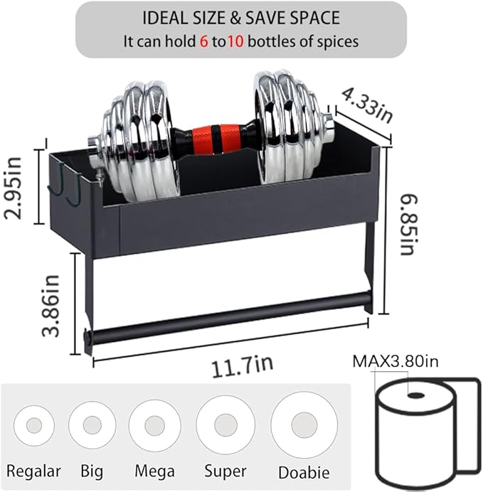 Magnetic Spice Rack for Refrigerator, Magnetic Spice Organizer Rack with Paper Towel Holder Shelf for Small Kitchen Storage, Space Saver Container for Apartmen, Black