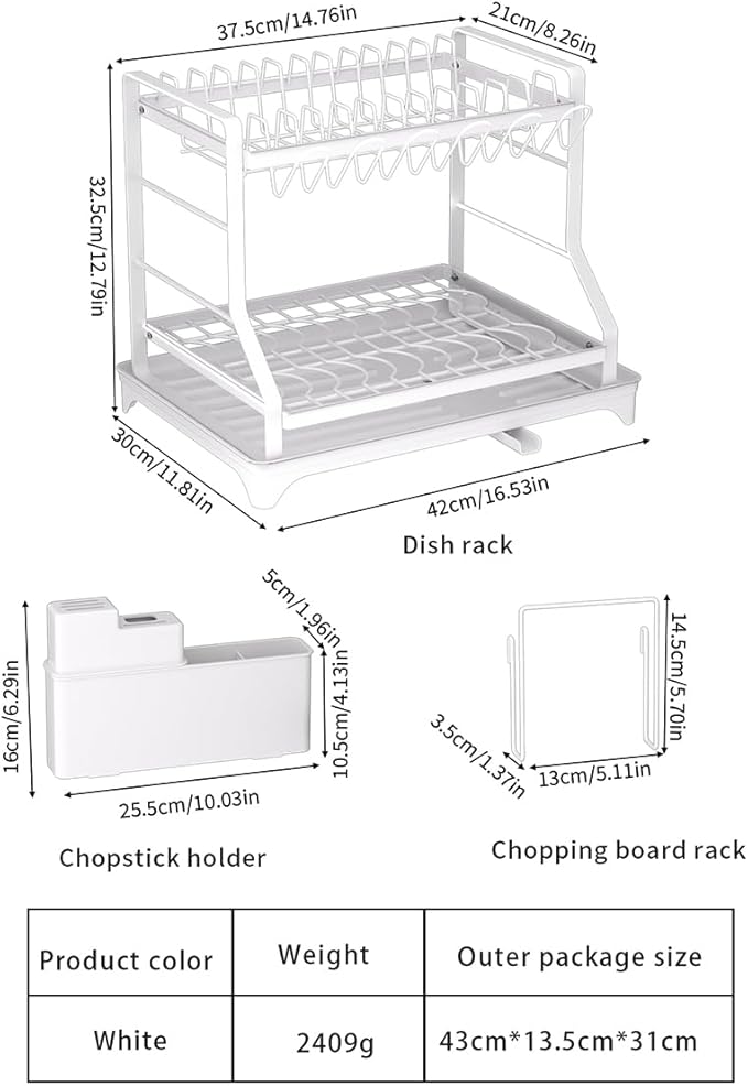 2-Tier Dish Drying Rack, White Metal Large, Space Saving Countertop Mount with Drainboard, Utensil Holder, 16.5x12.7x13.3 Inches