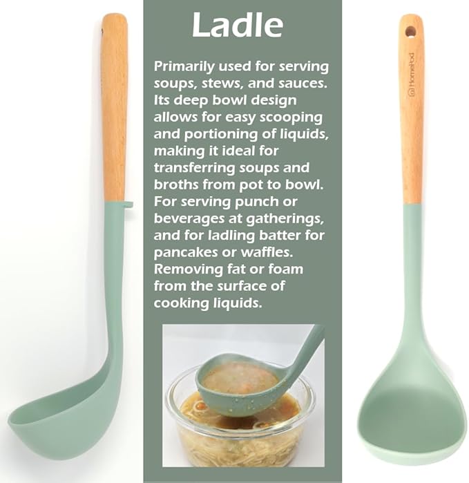 Set of 3 Kitchen Essentials Utensils Set of Silicone Spatulas 15 inches Large Heat Resistant 600F Cooking Baking Non Slip Handles Won't scratch Cookware, Turner Rubber Spatula Ladle Espatula (Green)
