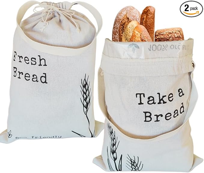 Linen Bread Bags for Homemade Bread - 2 Pack XXL Reusable Sourdough Bread Storage Bags, Keep Bread Fresh Longer, Linen Bag with Drawstring Handle, Washable, Gifts for Bakers