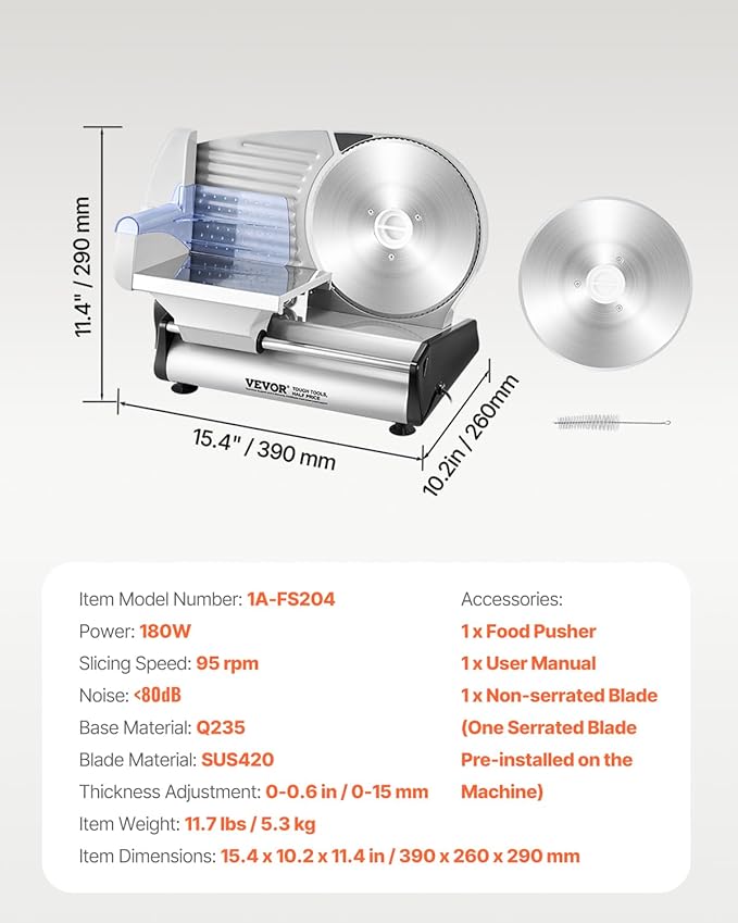 VEVOR Meat Slicer, 8.7 inch Electric Deli Food Slicer with Two Premium SUS420 Blades, 0-0.6 inch Adjustable Thickness, 180W Food Slicer Machine for Meat, Hard Bread and Cheese, Home Use