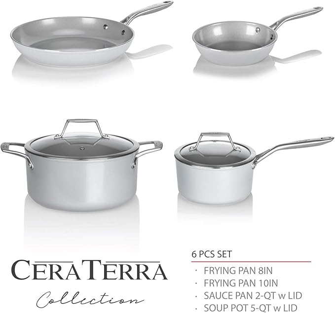 TECHEF - CeraTerra Collection Ceramic Nonstick Cookware Set (PTFE and PFOA Free Ceramic Exterior & Interior), Made in Korea, (6-Piece Set)