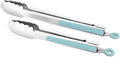 ALLWIN-HOUSEWARE W 304 Stainless Steel Kitchen Cooking Tongs, 9" and 12" Set of 2 Sturdy Grilling Barbeque Brushed Locking Food Tongs with Ergonomic Grip, Aqua Sky