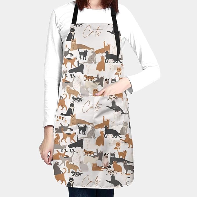 Cat and Dogs Animals Adjustable Bib Neck Chef Aprons, Kitchen Bbq Waterproof Apron with 2 Pockets For Mom Dad