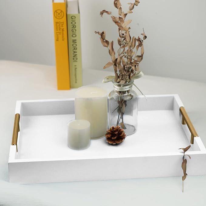 Wooden Decorative Coffee Table Tray, 16" Matte Finish Serving Tray with Handles for Ottoman, Living Room, Perfume, Vanity Dresser Organizer (Ivory White)