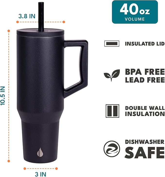 Elemental 40 oz Tumbler with Handle and Straw - Spill Proof Insulated Stainless Steel Commuter for Hot and Cold Beverages - Travel Coffee Mug with 2 Straws & Spill Proof Lid - 40oz - Black