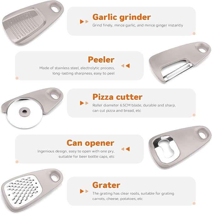 2PC, 5-in-1 Kitchen Gadget Set, Peeler Can Opener Garlic Grater Cake Cheese Shredder, Stackable Cooking Tools for Small Kitchen Space Saving, 5.04 x 1.65 x 2.95 Inches
