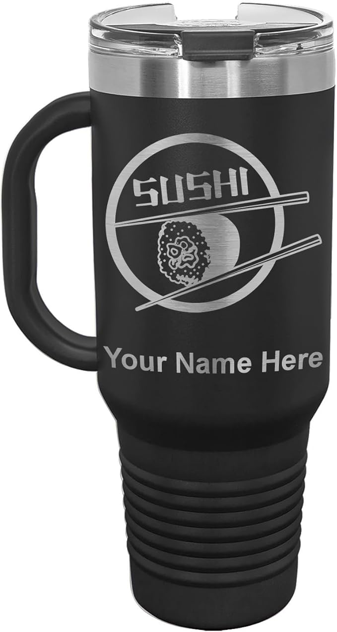 LaserGram 40oz Vacuum Insulated Travel Mug with Handle, Sushi, Personalized Engraving Included (Black)