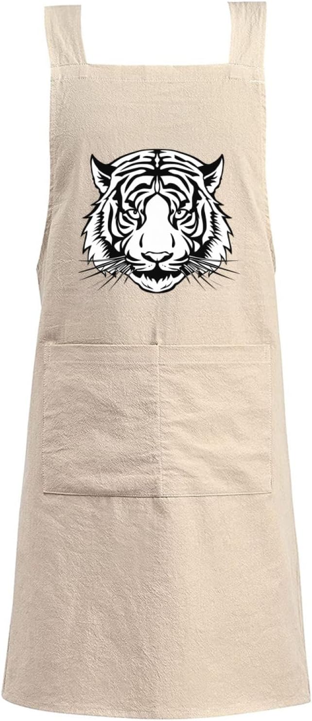 Cotton Linen Apron Non-tie Cross Back Kitchen Apron with Pockets Soft Comfortable Durable for Cooking Baking Gardening (Khaki)