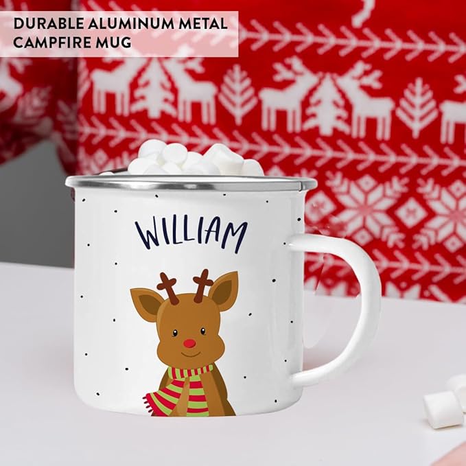 Andaz Press Personalized 11Oz. Kids Christmas Hot Chocolate Stainless Steel Campfire Coffee Mug, Adorable Rudolph Reindeer Red Green Scarf, 1-Pack Custom Birthday Xmas Cup Christmas Mugs Hot Cocoa Mug
