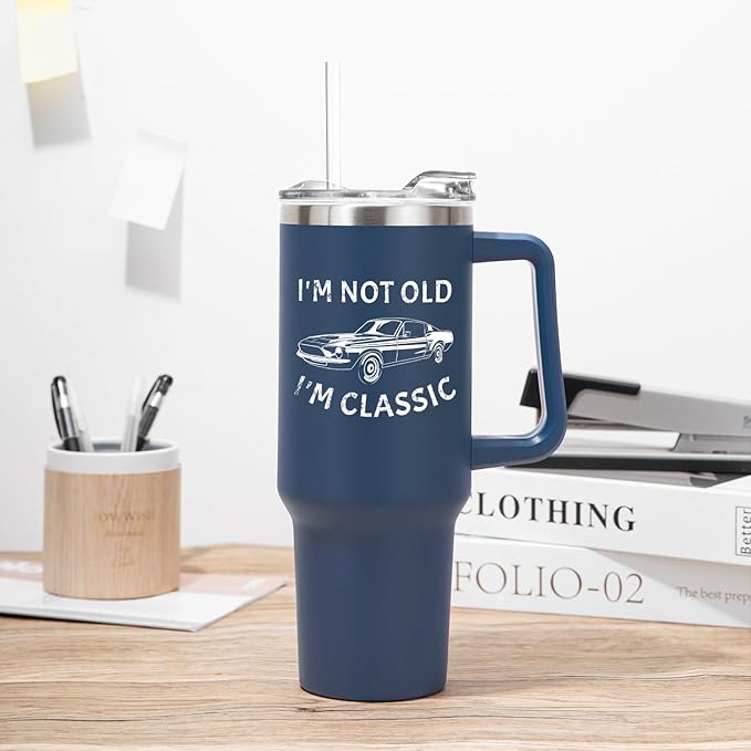 NOWWISH 40oz Tumbler with Handle and Straw for Men, I am Not Old Funny Christmas Gifts for Dad Husband Grandpa, Large Insulated Mug, Stocking Stuffer Idea - Navy Blue