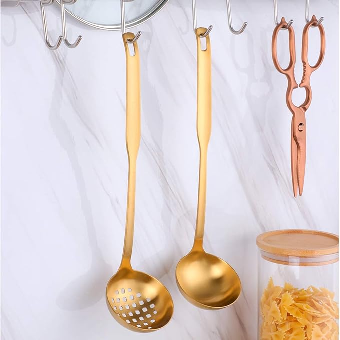 2 Pieces Gold Metal Soup Ladle Colander Set, Long Handle Stainless Steel Kitchenware Cookware Serving Spoon Cooking Utensil for Hotpot