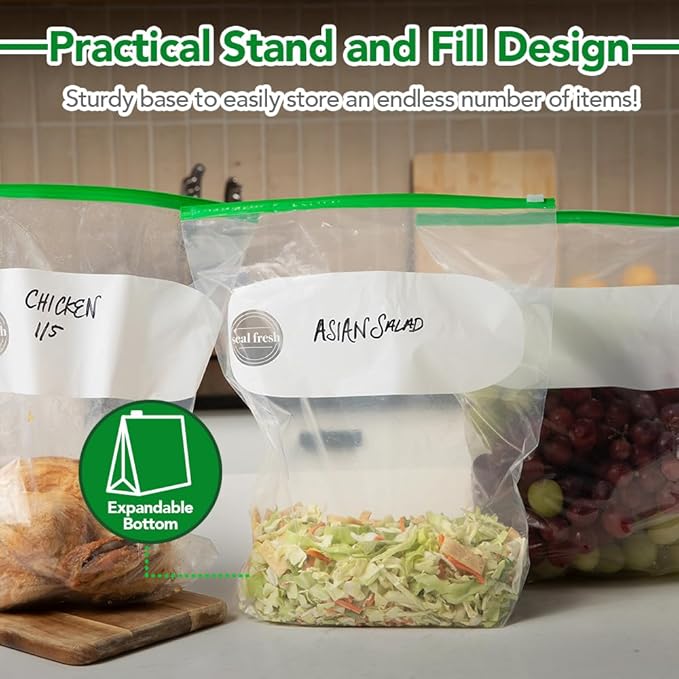 2 Gallon Slider Storage Bags 80 Pack — Jumbo Reusable Freezer Bags with Expandable Bottom, BPA Free, Microwave Safe, Clear Heavy Duty Bags