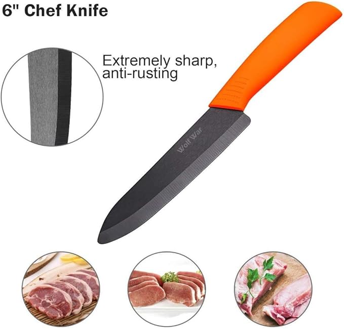 Kitchen Ceramic Knife Set Professional With Sheaths - Super Sharp Rust Proof Stain Resistant (6" Chef, 5" Utility, 4" Fruit, 3" Paring, One Peeler)