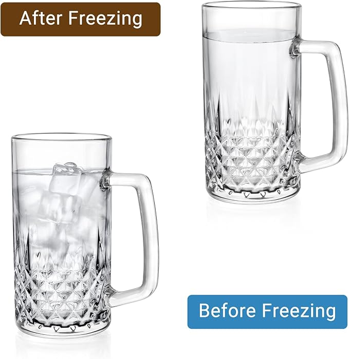 Beer Mugs For Freezer, 20 oz Large Heavy Glass Mugs with Handles Set of 4, Clear Large Beer Steins for Tea, Coffee, Lead-Free Glasses Oktoberfest Style, Best Gifts for Dad Husband or Friend
