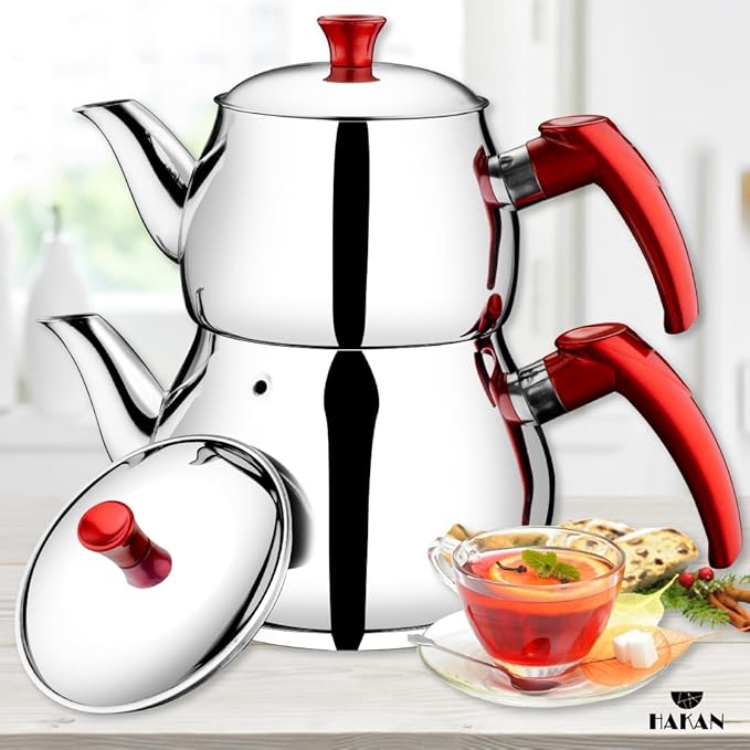 Hakan Stainless Steel 2 L, 67 Oz, Mini Double Bondy Tea Pot Set with Self Strainer Double Lids, Turkish Samovar Style Teapot Set, Tea Kettle for Loose Leaf Tea with Red Bakelite Handle 2.1-Quart