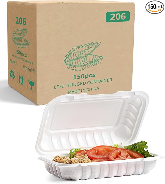 YANGRUI To Go Containers, Reusable 150 Pack 9 x 6 Inch 28 OZ Plastic Hinged Food Boxes Microwave Freezer Safe BPA Free MFPP Clamshell Take Out Container