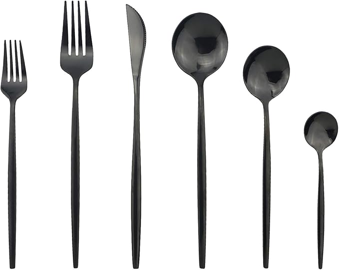 JASHII Silverware Set, Mirror Polished Black Flatware Cutlery Set Service for 6, Shiny Finish 36 Pieces Stainless Steel Utensils Set Dinner Knife Fork Spoon Dessert Fork Salad Spoon Dishwasher Safe