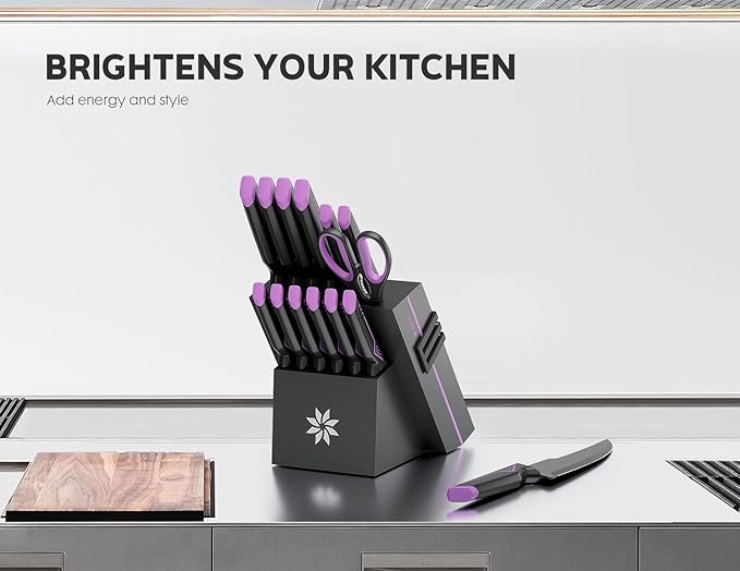 Knife Set - 15 PCS Kitchen Knife Set with Built-in Knife Sharpener Block - Stainless Steel Knife Block Set - Dishwasher Safe, Christmas Elegant Box for Men Women