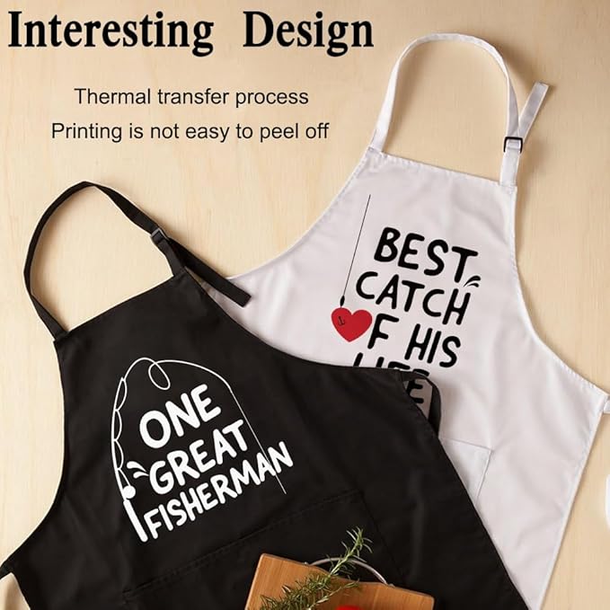 AGMDESIGN One Great Fisherman, Best Catch Of His Life 2-Pack Apron Set, Bridal Shower Gift for Couples, Anniversary Birthday Gifts for Parents BFF