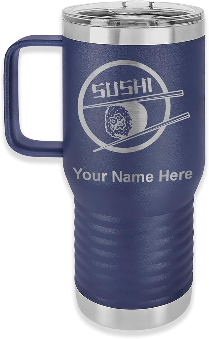 LaserGram 20oz Vacuum Insulated Travel Mug with Handle, Sushi, Personalized Engraving Included (Navy Blue)
