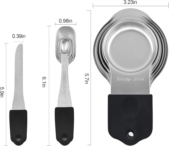 Magnetic Measuring Cups Set, 7 Pieces 18/8 Stainless Steel Stackable Nesting Heavy Duty Metal Measure Cups, Color Silicone Handle Kitchen Tools for Dry and Liquid Ingredients (14, Black)