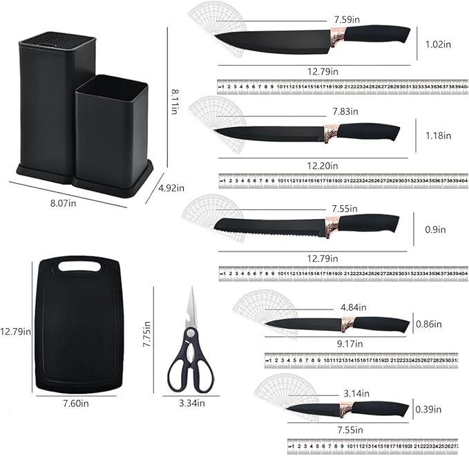 19 Piece Kitchenware Utensils and Knife Set- includes: 9 Piece Silicone Cooking Utensils- 5 Piece Sharp Stainless Steel Chef Knives- Scissors -Whisk Tongs and Cutting Board (Black)