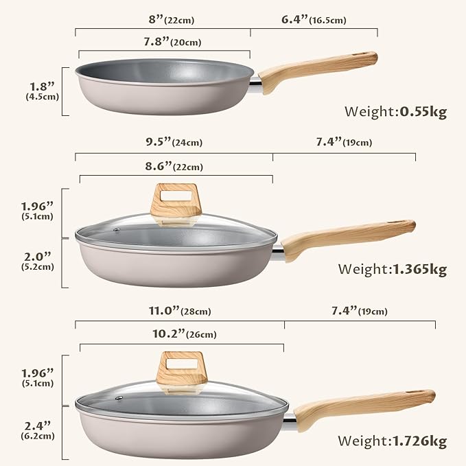 5 Pieces Frying Pans Nonstick with Lid, Ceramic Frying Pan, Molecular-bonded Induction Base, Skillet with Bakelite Handle, Cooking Chef's Pan, PFOA/PFAS/PTFE Free, Induction Compatible
