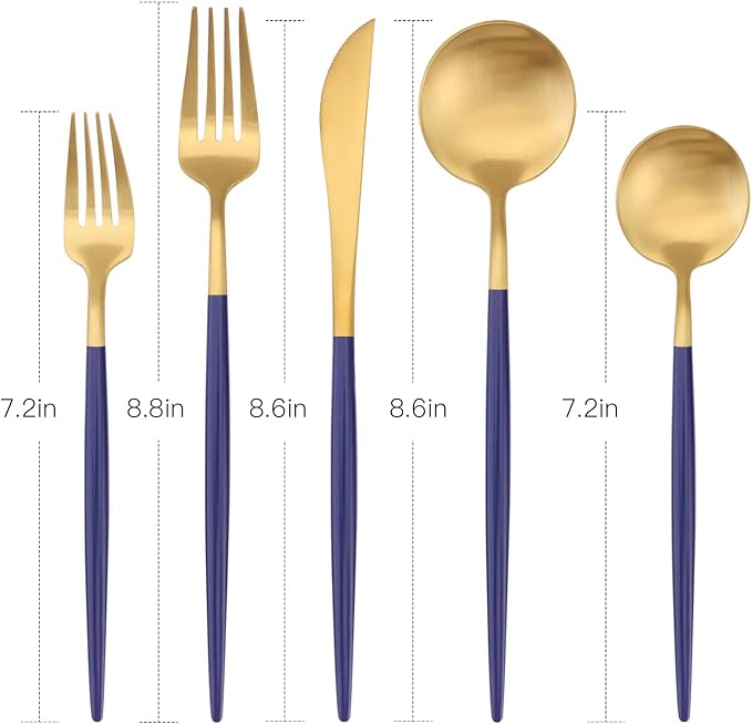 Matte Gold Silverware Set with blue handle, Bysta 20-Piece Stainless Steel Flatware Set, Kitchen Utensil Set Service for 4, Tableware Cutlery Set for Home and Restaurant, Satin Finish, Dishwasher Safe