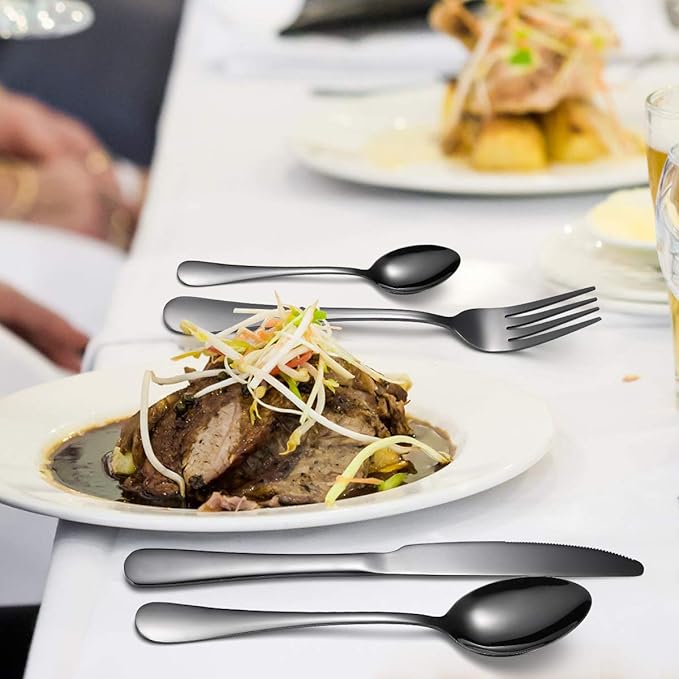 Black Silverware Set for 12 Stainless Steel Flatware 60 Piece Cutlery Spoon Fork Knife Kitchen Eaing Utensils Wide Round Handle Restaurant Festival Parties Easy to Clean