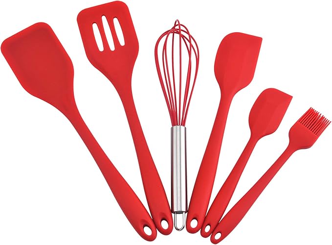 Gullor Silicone Kitchen Utensils Baking Tool Set, Cooking Spoon, Spatula, Whisk, Brush, Scraper, 6 Pieces in Set, Red